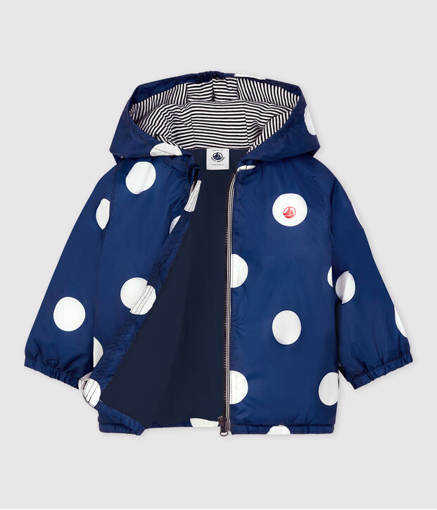 Giacca a vento calda per beb&egrave; in poliestere riciclato blu/bianco