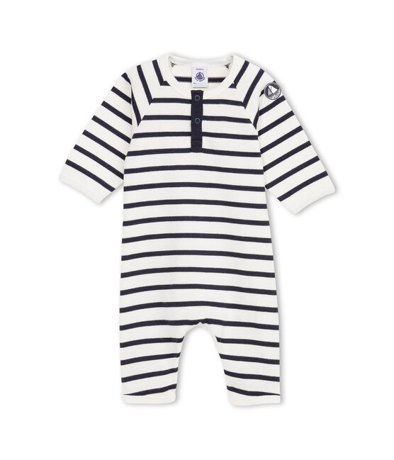 Coordinato bebé bambino in jersey pesante a righe beige COQUILLE/blu ABYSSE