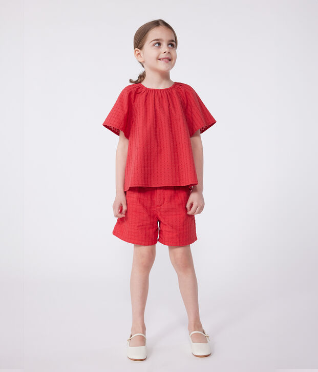 Blusa a maniche corte in cotone con motivo a fiori bambina rosso