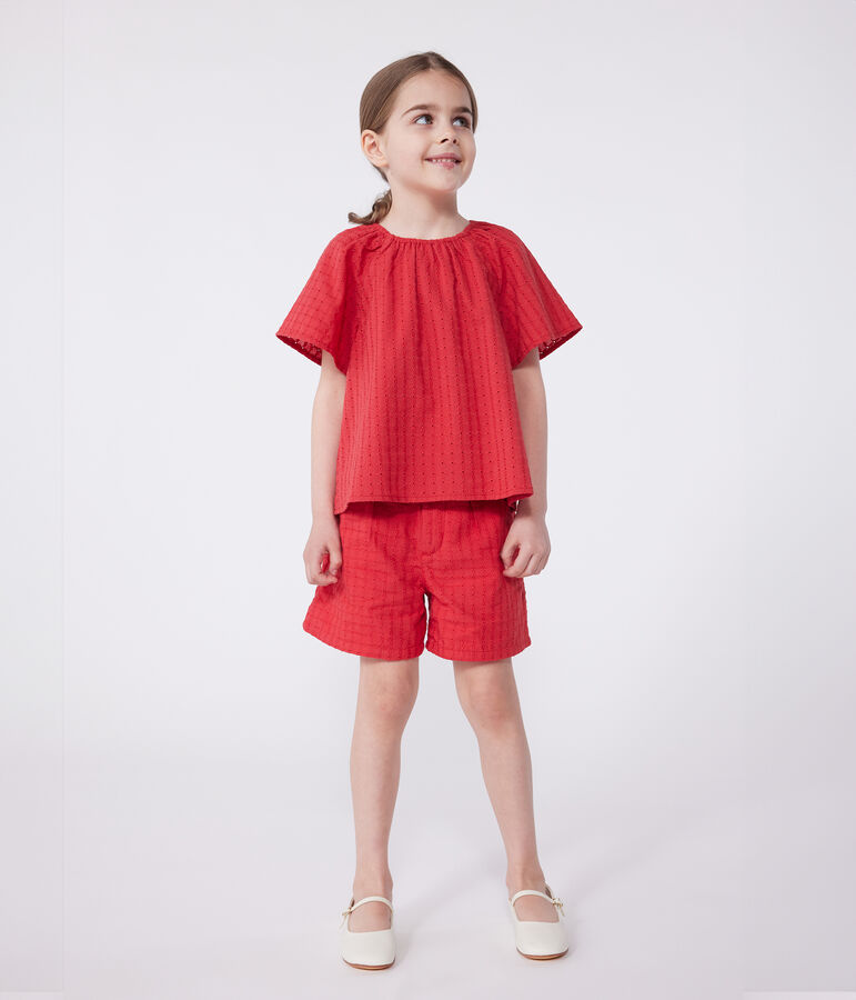 Blusa a maniche corte in cotone con motivo a fiori bambina rosso