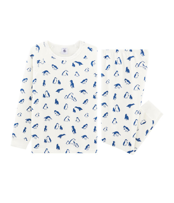 Pigiama unisex in spugna bouclette grattata, super calda bianco MARSHMALLOW/blu MAJOR