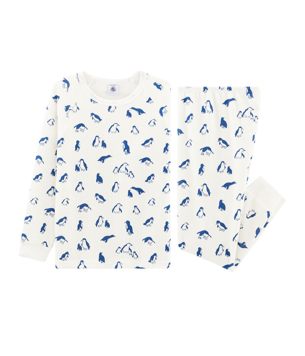 Pigiama unisex in spugna bouclette grattata, super calda bianco/blu