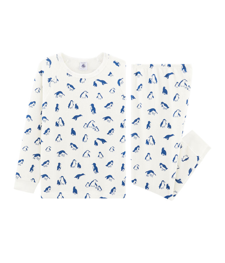 Pigiama unisex in spugna bouclette grattata, super calda bianco/blu