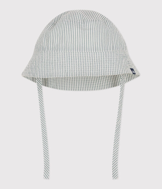 Cappellino in seersucker con laccetti da annodare neonato bianco MARSHMALLOW/blu BRUT