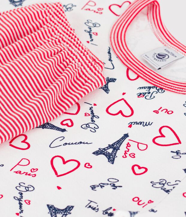 Pigiama con shorts lunghi in cotone con stampa Parigi bambino bianco/multicolore