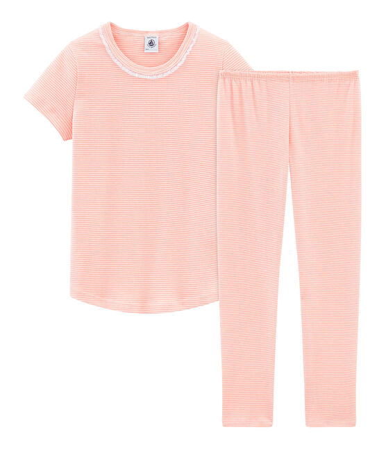 Pigiama manica corta bambina a costine rosa ROSAKO/bianco MARSHMALLOW