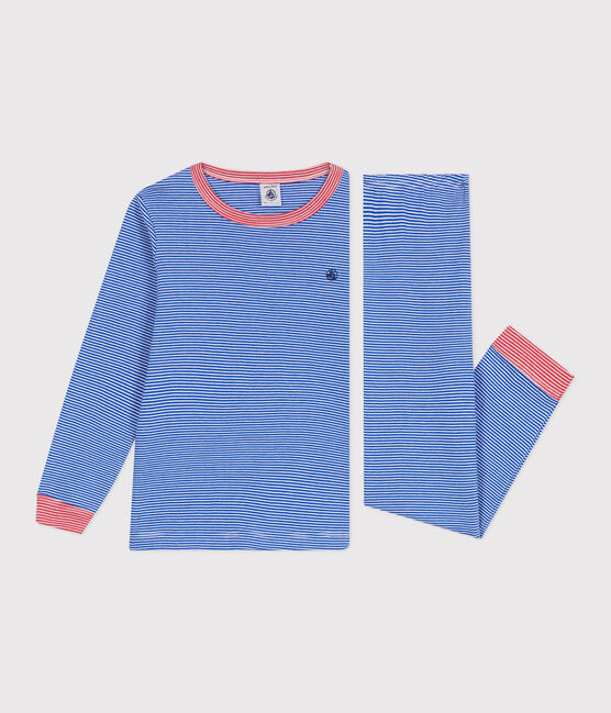 Pigiama a maniche lunghe in cotone a righe bambino blu PERSE/bianco MARSHMALLOW