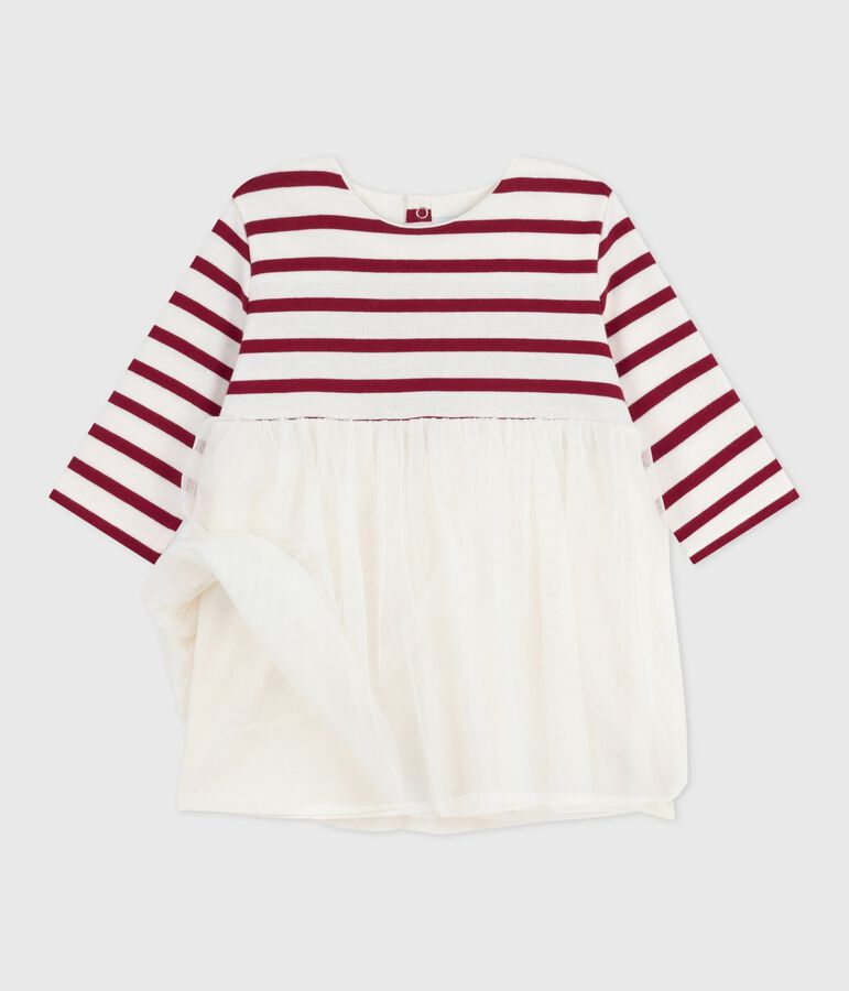 Abito bi-materiale a maniche lunghe neonata ecru/rosso