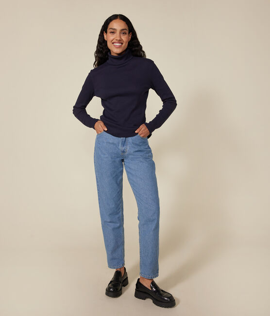 T-shirt L'Iconique donna in costa 2x2 con collo a lupetto blu SMOKING