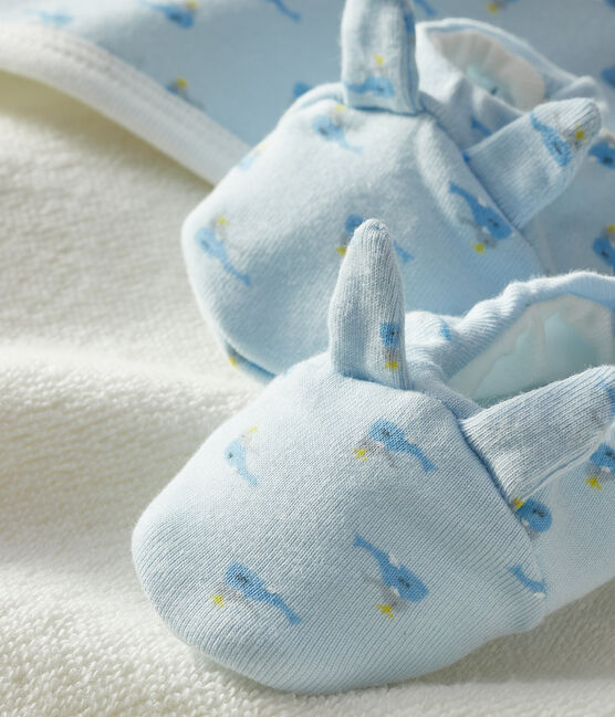 Cofanetto asciugamano quadrato da bagno e babbucce bebè in spugna e a costine blu FRAICHEUR/bianco MULTICO