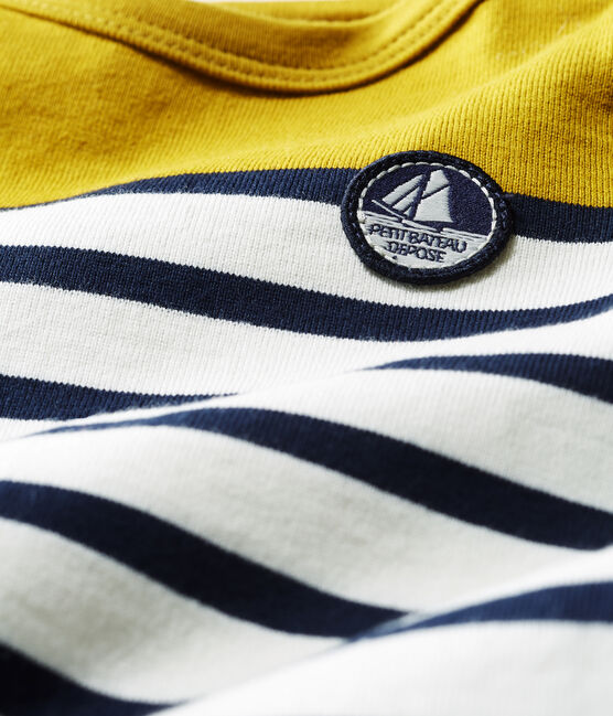 Tutina corta neonato in jersey pesante a righe giallo BAMBOO/bianco MARSHMALLOW/ SMOKING