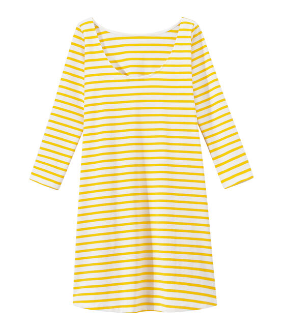 Abito donna con maniche 3/4 a righe bianco MARSHMALLOW/giallo SHINE