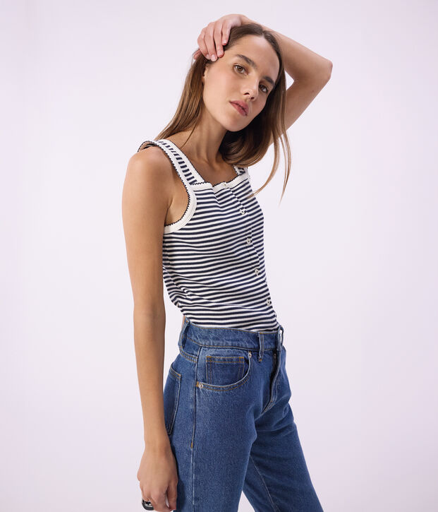 Canotta in cotone a righe donna blu/bianco