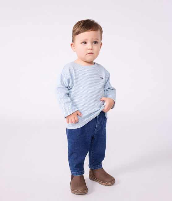 T-shirt a maniche lunghe in cotone a righe neonato ADRIATIC/ MARSHMALLOW