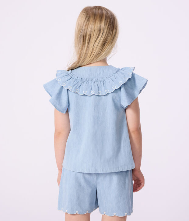 Blusa a maniche corte in cotone tinta unita bambina blu