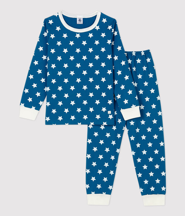 Pigiama bambina/bambino fantasia grafica in cotone biologico blu/bianco