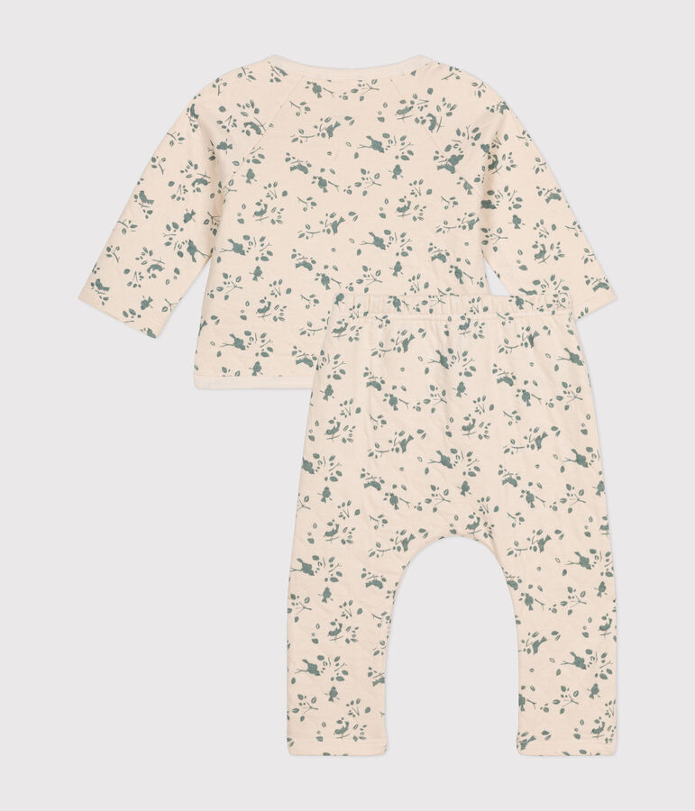 Completo due pezzi beb&egrave; in tubique trapuntato ecru/verde