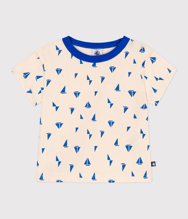 T-shirt a maniche corte in cotone con barche stampate neonato ecru/blu
