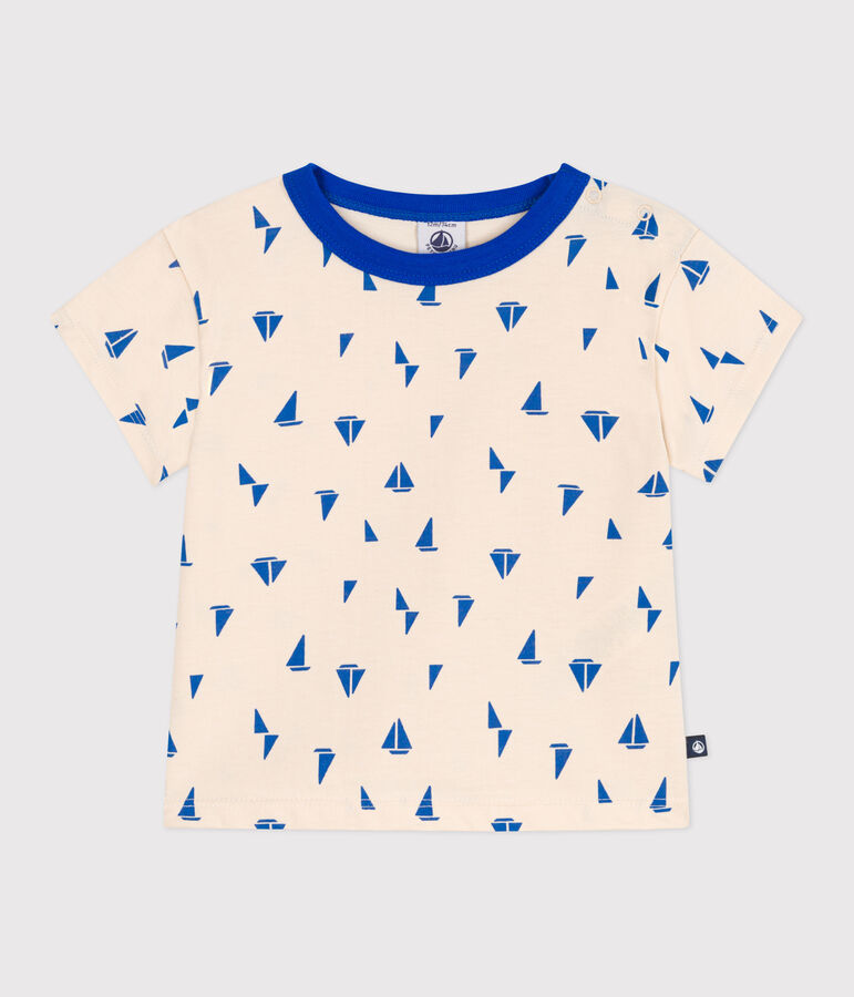 T-shirt a maniche corte in cotone con barche stampate neonato ecru/blu