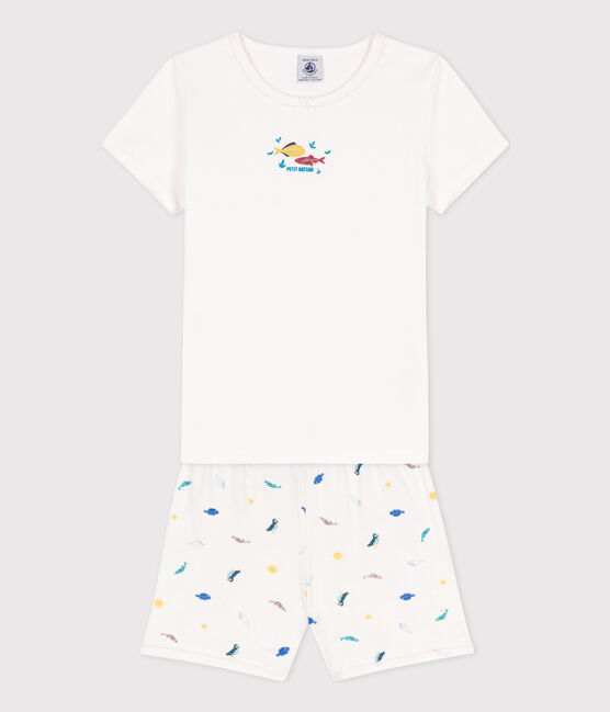 Pigiama corto bambina in cotone con animali marini bianco MARSHMALLOW/bianco MULTICO