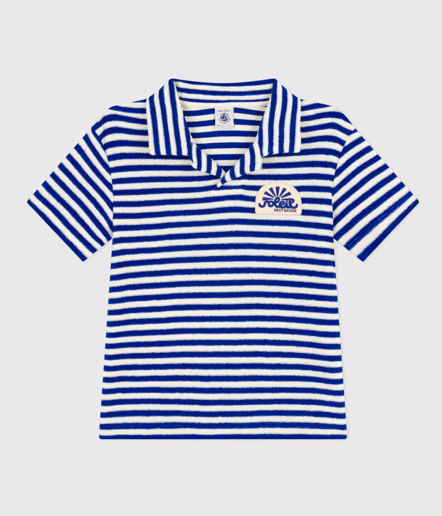 Polo a manica corta in spugna bouclette bambino blu/ecru