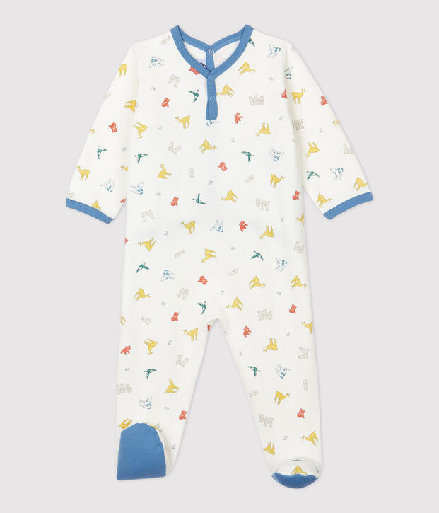 Tutina pigiama beb&egrave; fantasia animali colorati in molleton di cotone biologico bianco/multicolore