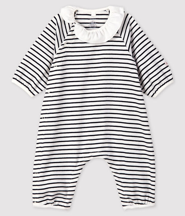 Tutina lunga a righe da neonata a costine bianco/blu