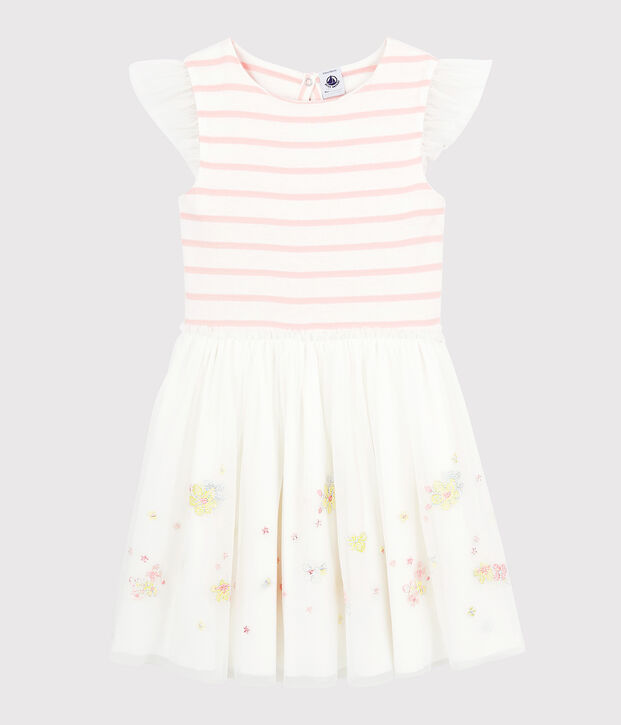 Abito da cerimonia in cotone e tulle bambina bianco/rosa