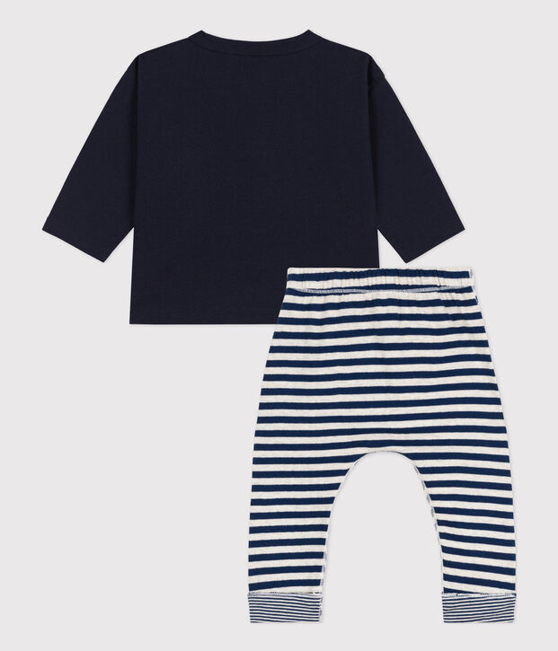 Completo regalo beb&egrave;: t-shirt e pantaloni blu/bianco