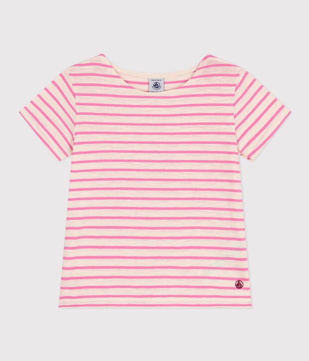 T-shirt a righe in jersey fiammato bambina ecru/rosa