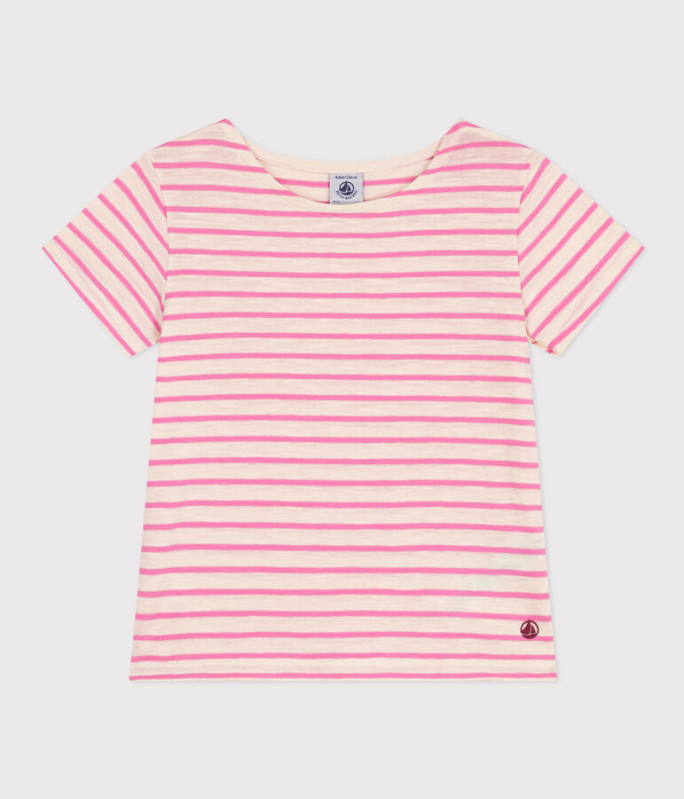 T-shirt a righe in jersey fiammato bambina ecru/rosa
