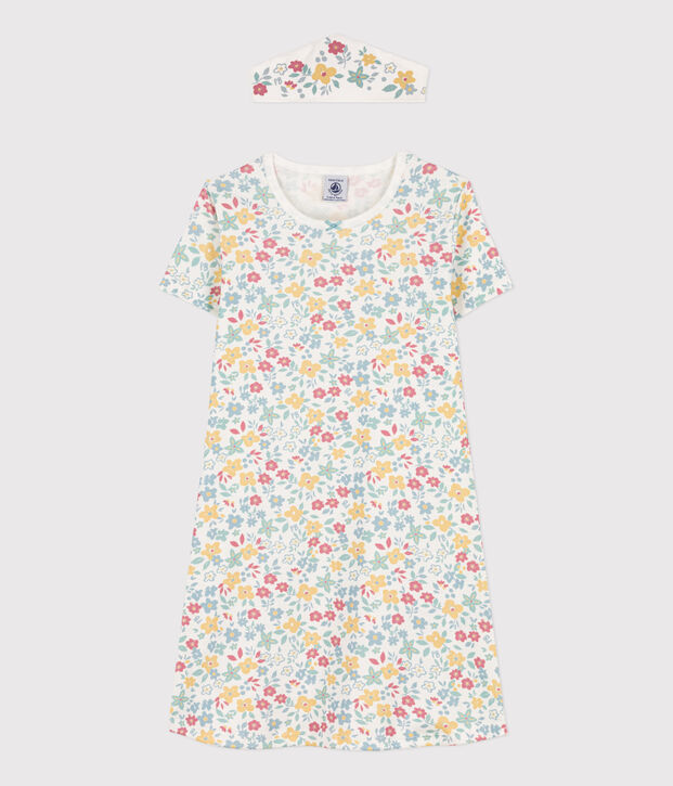 Camicia da notte bambina in cotone a fiori con corona bianco/multicolore