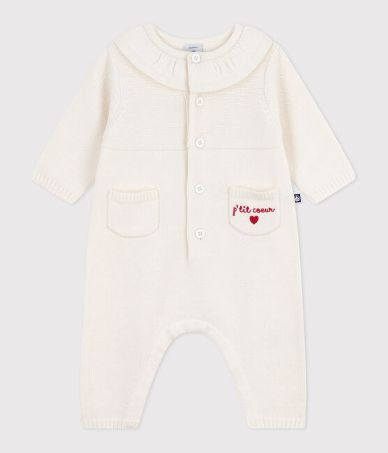 Tutina con colletto in maglia e ricamo "P'tit Cœur" neonata bianco MARSHMALLOW