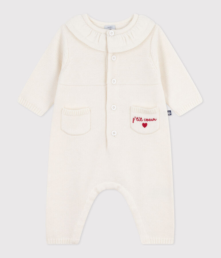 Tutina con colletto in maglia e ricamo P'tit C&oelig;ur neonata bianco