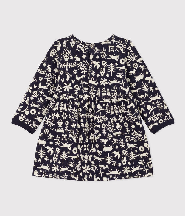 Abito a maniche lunghe in tubique trapuntato con stampa per beb&egrave; blu/ecru