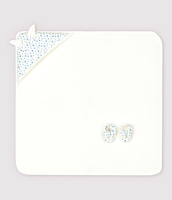 Cofanetto telo da bagno quadrato e babbucce neonato in spugna e cotone biologico bianco MARSHMALLOW/blu COOL