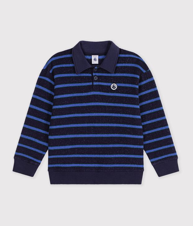 Felpa con colletto a polo in cotone a righe bambino blu/verde/blu