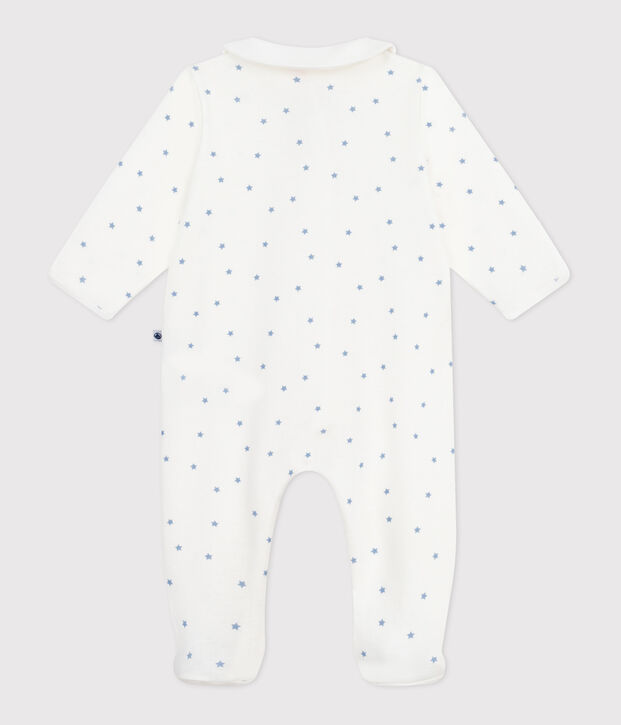 Pigiama in cotone con stelle stampate e colletto neonato bianco/blu