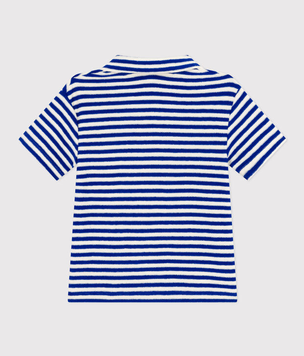 Polo a manica corta in spugna bouclette bambino blu/ecru