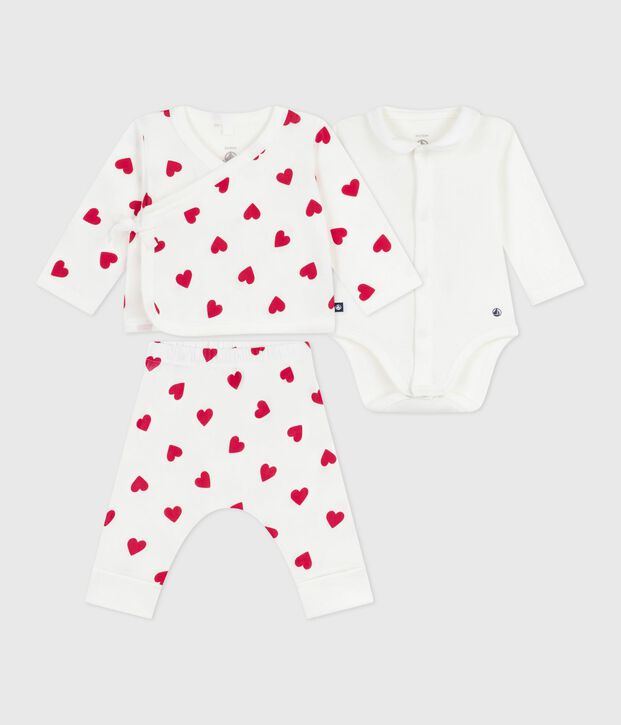 Completo 3 pezzi incrociato in cotone con stampa a cuori neonato bianco/rosso