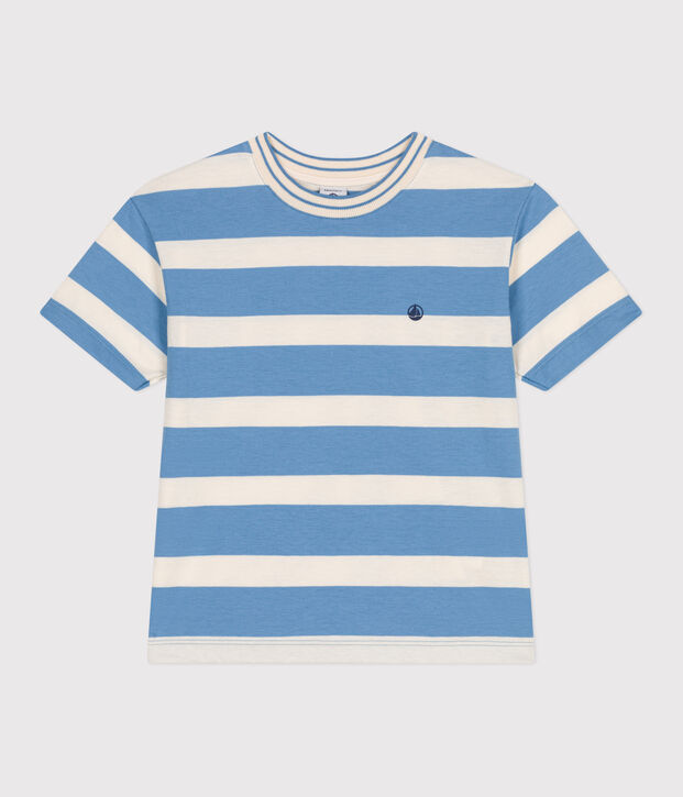 T-shirt a maniche corte in cotone a righe bambino blu/ecru