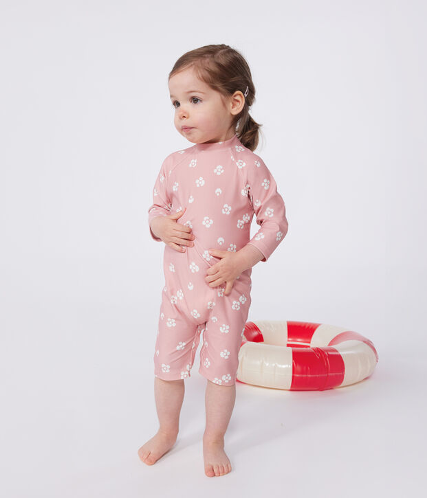 Tutina anti UV con stampa a fiori neonato rosa/bianco