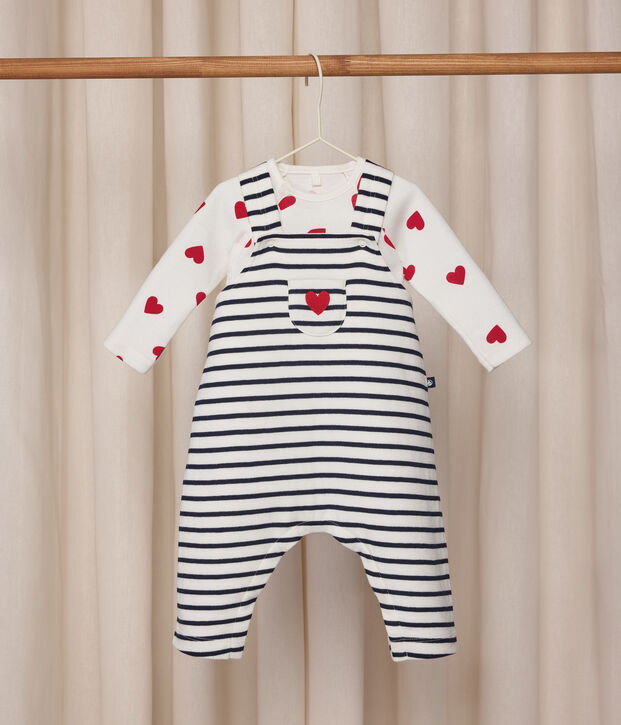 Set composto da salopette/body a righe e body con stampa a cuori neonato bianco/blu