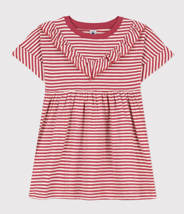 Abito bambina in jersey fiammato a righe rosa/ecru