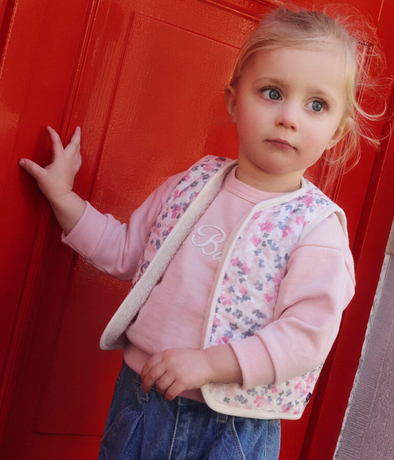 Gilet senza maniche in popeline di cotone e sherpa con stampa neonata ecru/multicolore