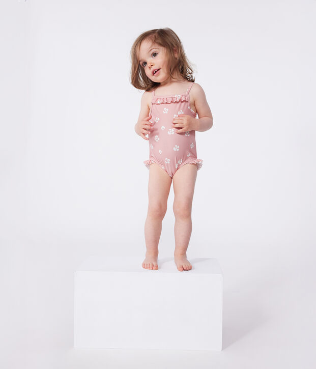 Costume da bagno intero con stampa floreale e volant neonato rosa/bianco