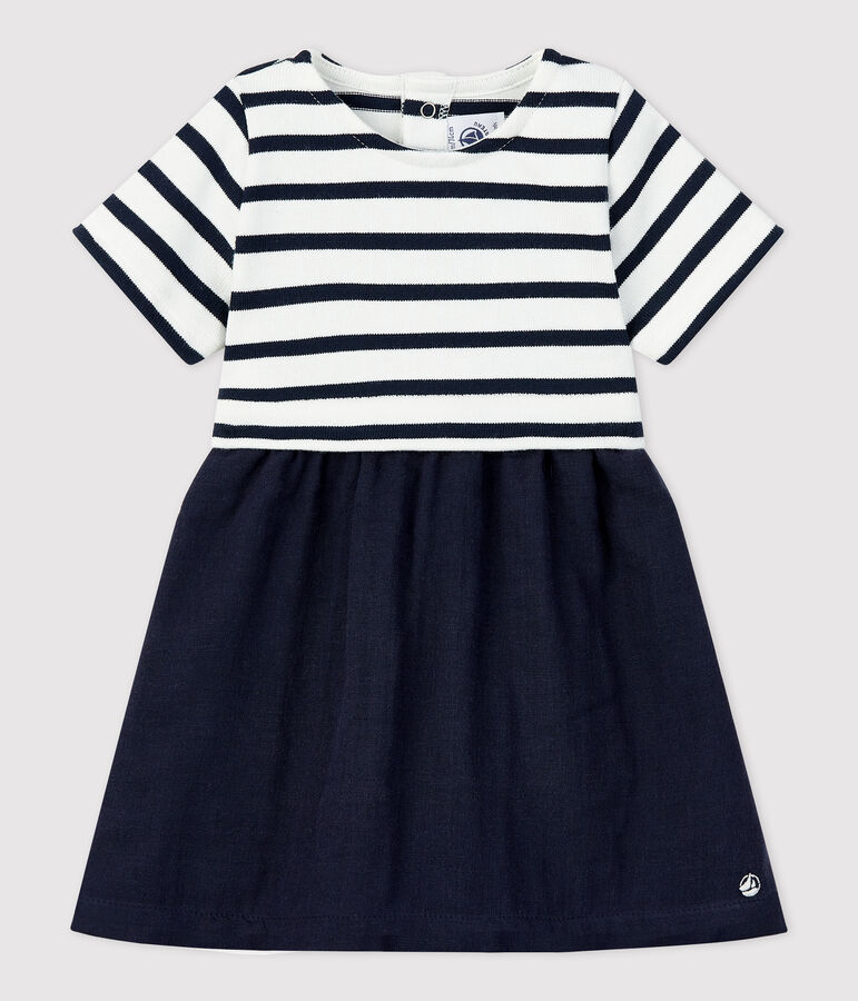 Abito beb&egrave; in bi-materiale in jersey di cotone spesso e garza di cotone biologico bianco MARSHMALLOW/blu SMOKING