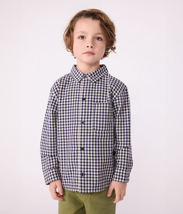 Camicia in cotone a quadri bambino blu/ecru
