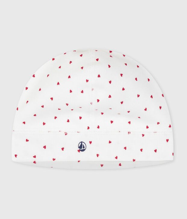 Cuffietta nascita in cotone con stampa a cuori bianco/rosso