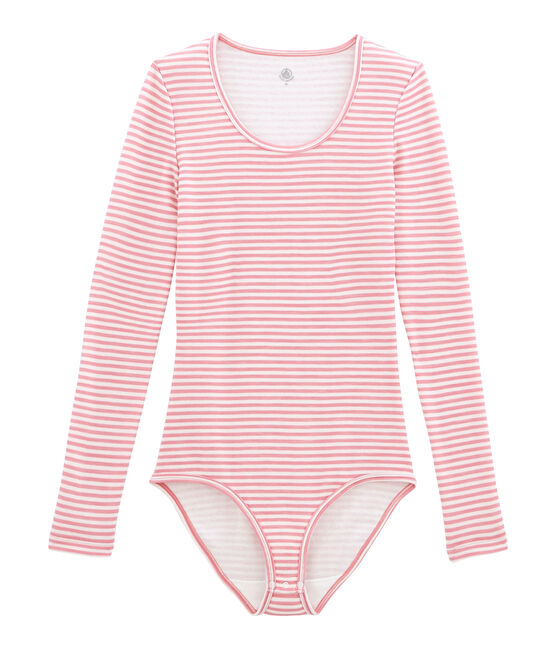 body donna maniche lunghe in lana e cotone rosa CHEEK/bianco MARSHMALLOW